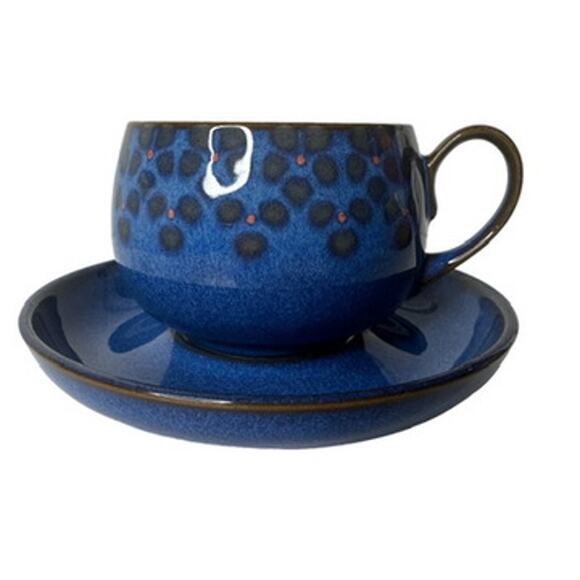 Denby Midnight England Cup and Saucer Blue with Brown and Red Details - Picture 1 of 10